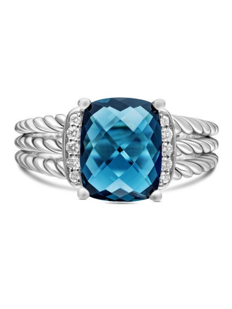 David Yurman Petite Wheaton Hampton Blue Topaz And Diamonds, 10mm Ring Size 7